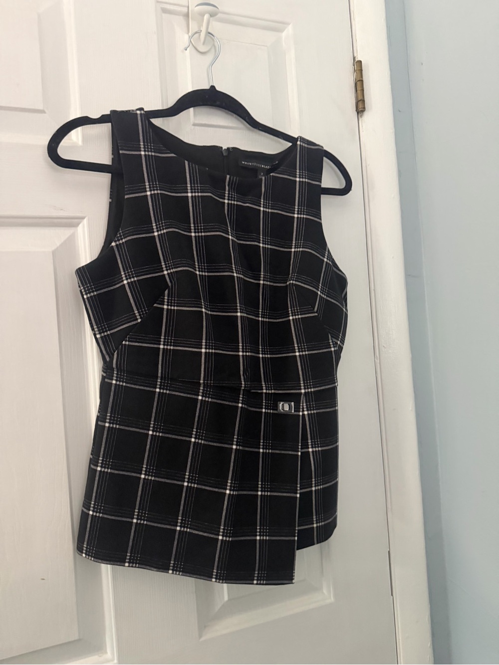 White House Black Market Black and White Plaid Sleeveless Peplum Top